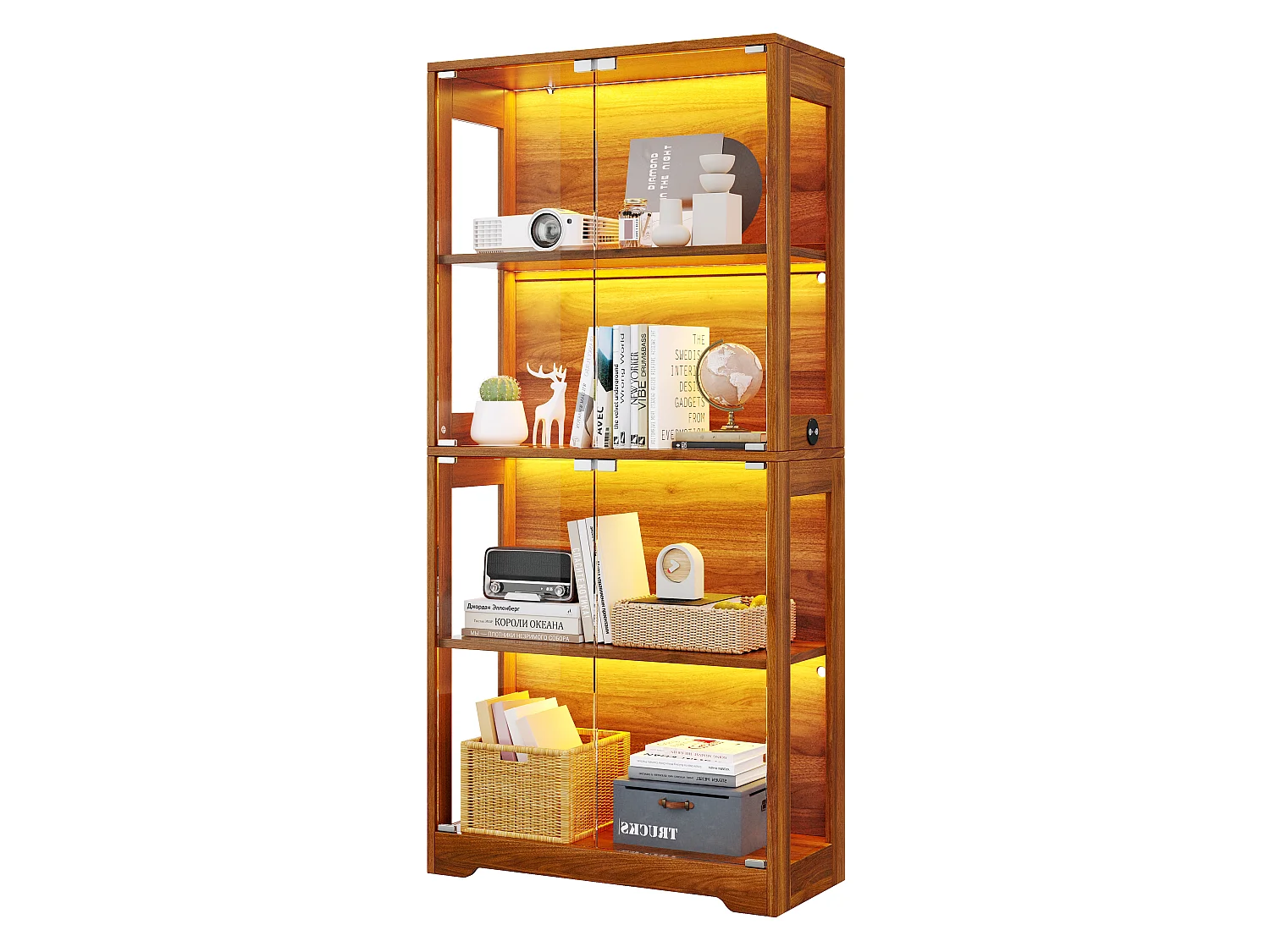 Vitrine en verre 160x35x160 cm - Éclairage LED à double commande - Avec 8 portes push-to-open - MDF - Marron