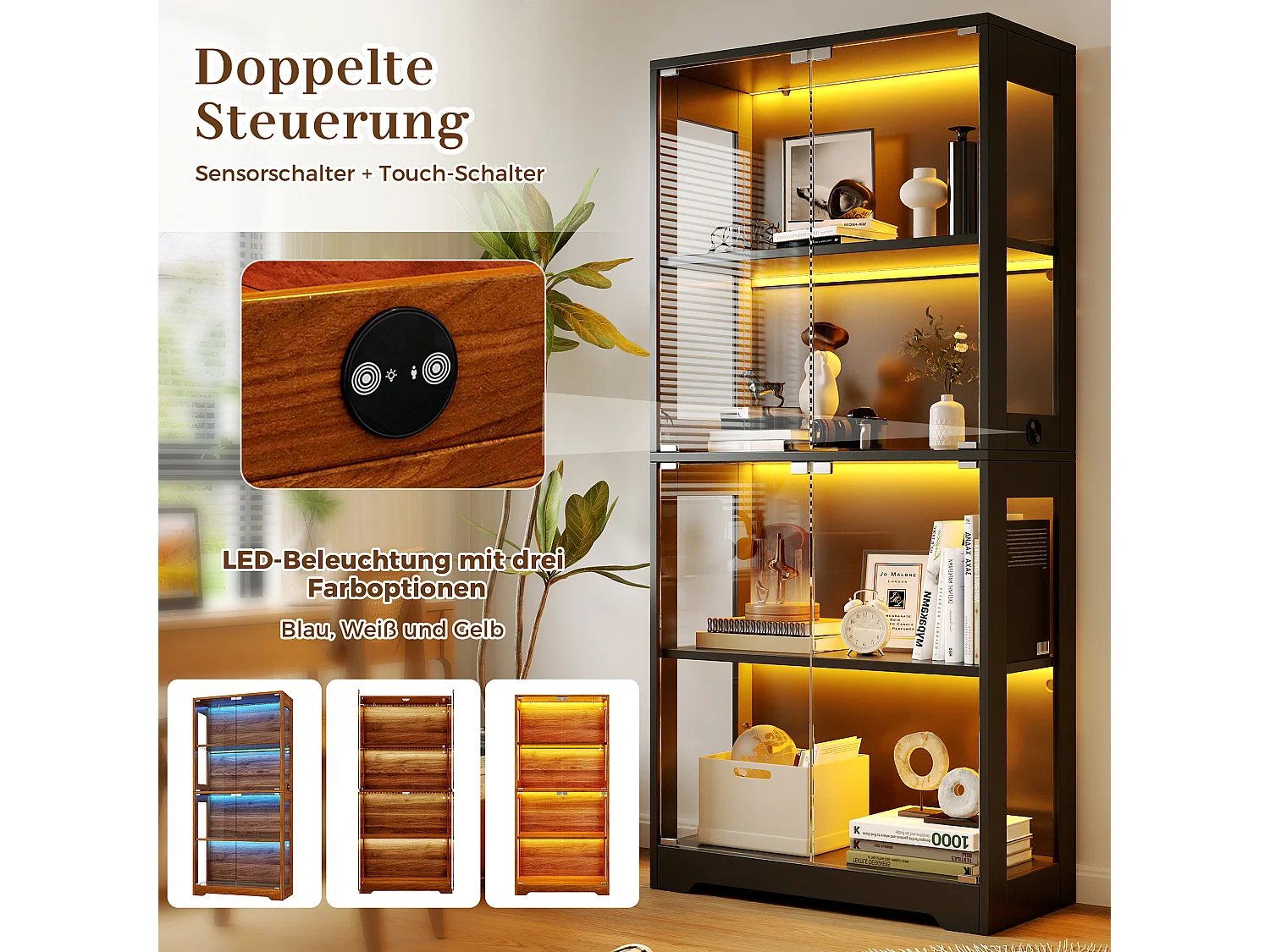 Vitrine en verre 160x35x160 cm - Éclairage LED à double commande - Avec 8 portes push-to-open - MDF - Marron
