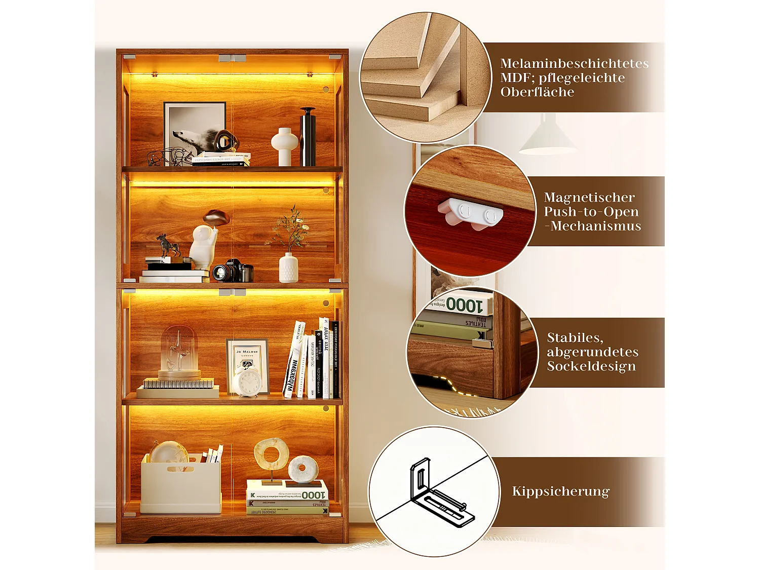 Vitrine en verre 160x35x160 cm - Éclairage LED à double commande - Avec 8 portes push-to-open - MDF - Marron