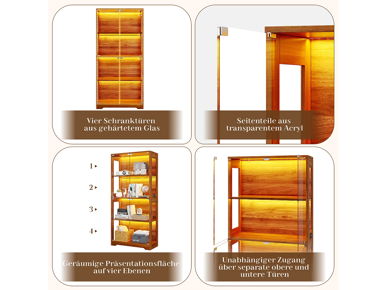 Vitrine en verre 160x35x160 cm - Éclairage LED à double commande - Avec 8 portes push-to-open - MDF - Marron