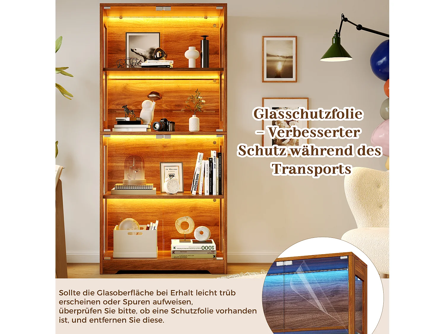 Vitrine en verre 160x35x160 cm - Éclairage LED à double commande - Avec 8 portes push-to-open - MDF - Marron