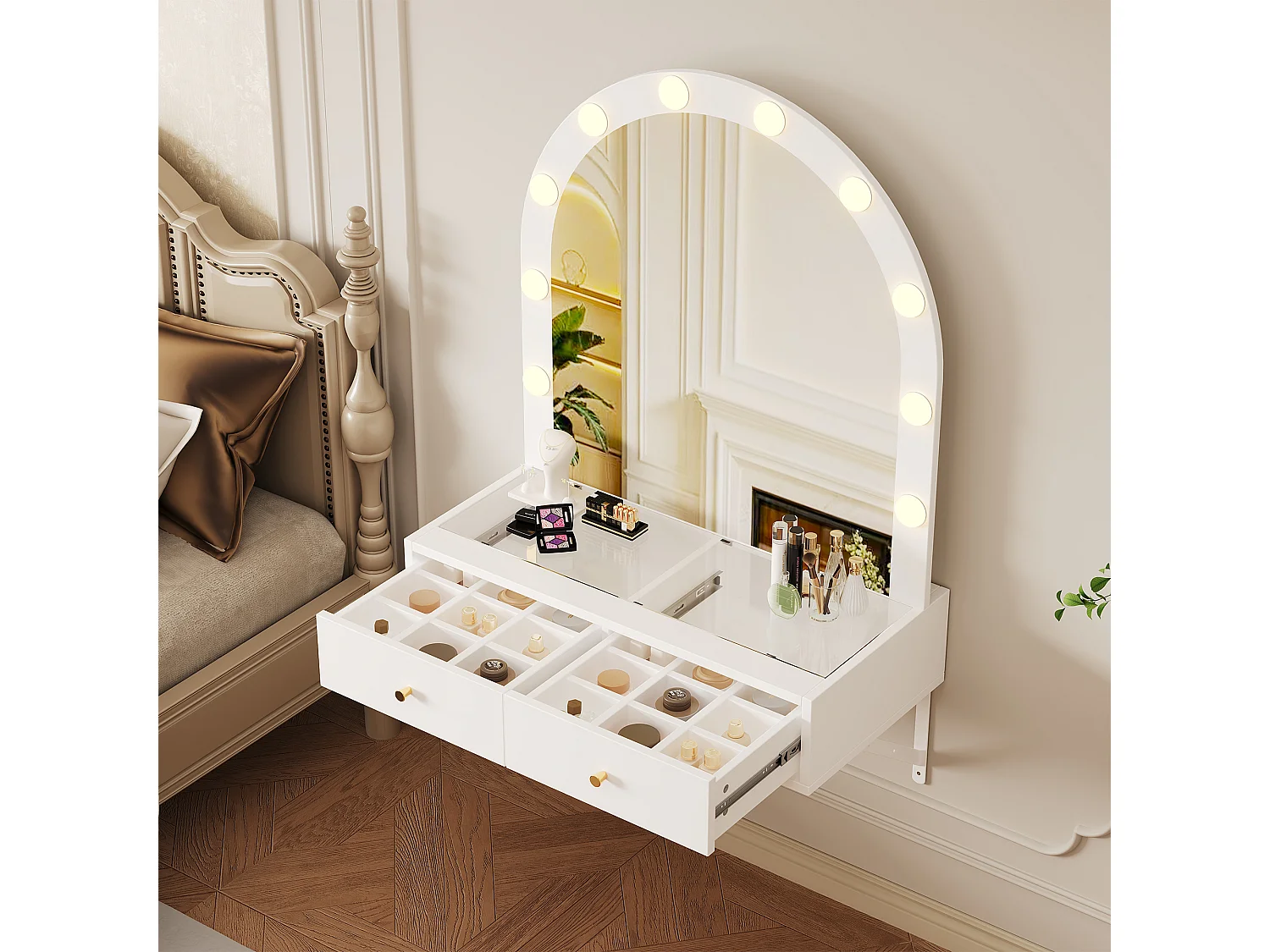 Toaletka wisząca z lustrem 80x40x116,5cm - z LED - blat szklany - z 2 szufladami i przegrodami - Biały