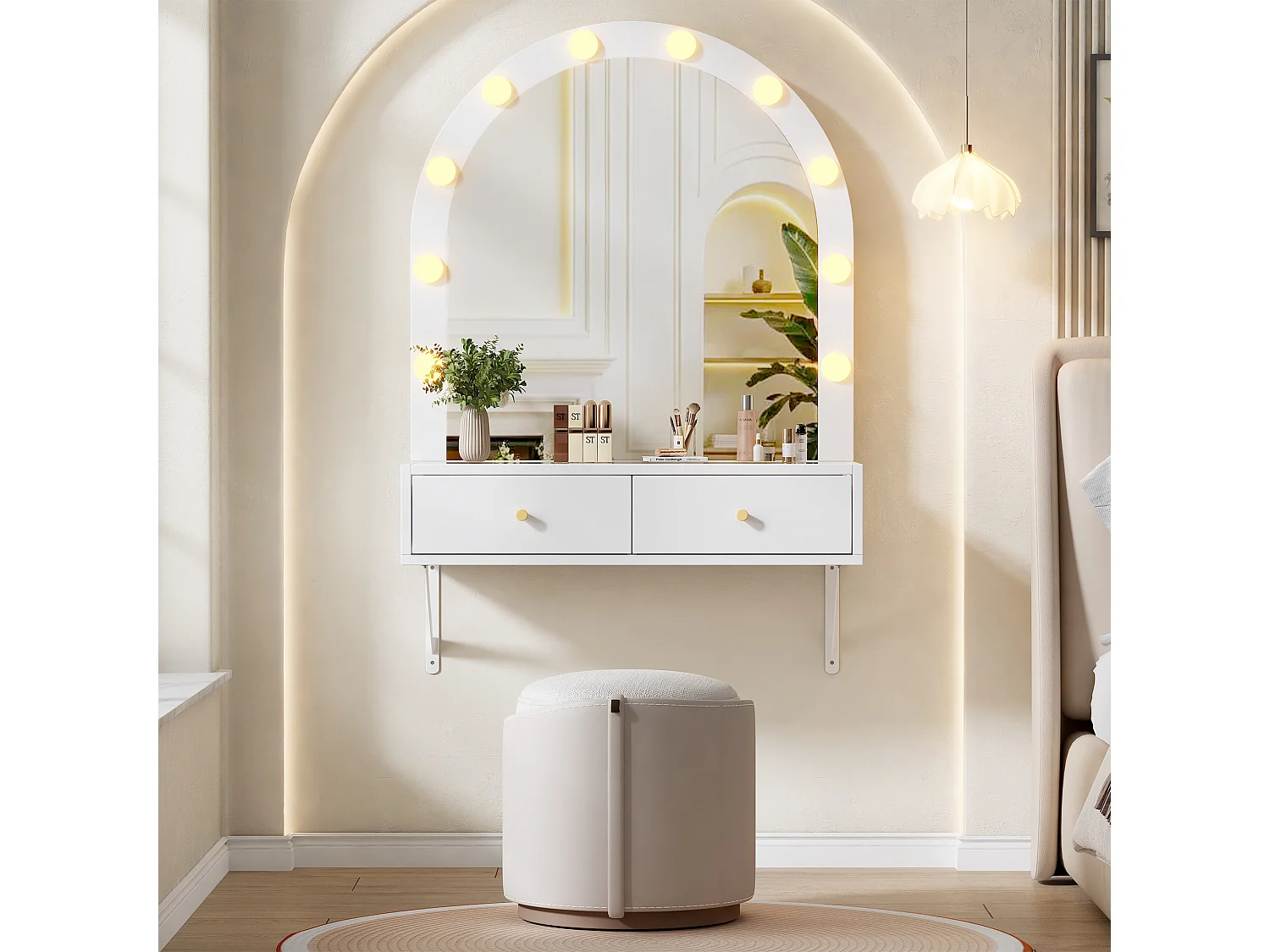 Toaletka wisząca z lustrem 80x40x116,5cm - z LED - blat szklany - z 2 szufladami i przegrodami - Biały