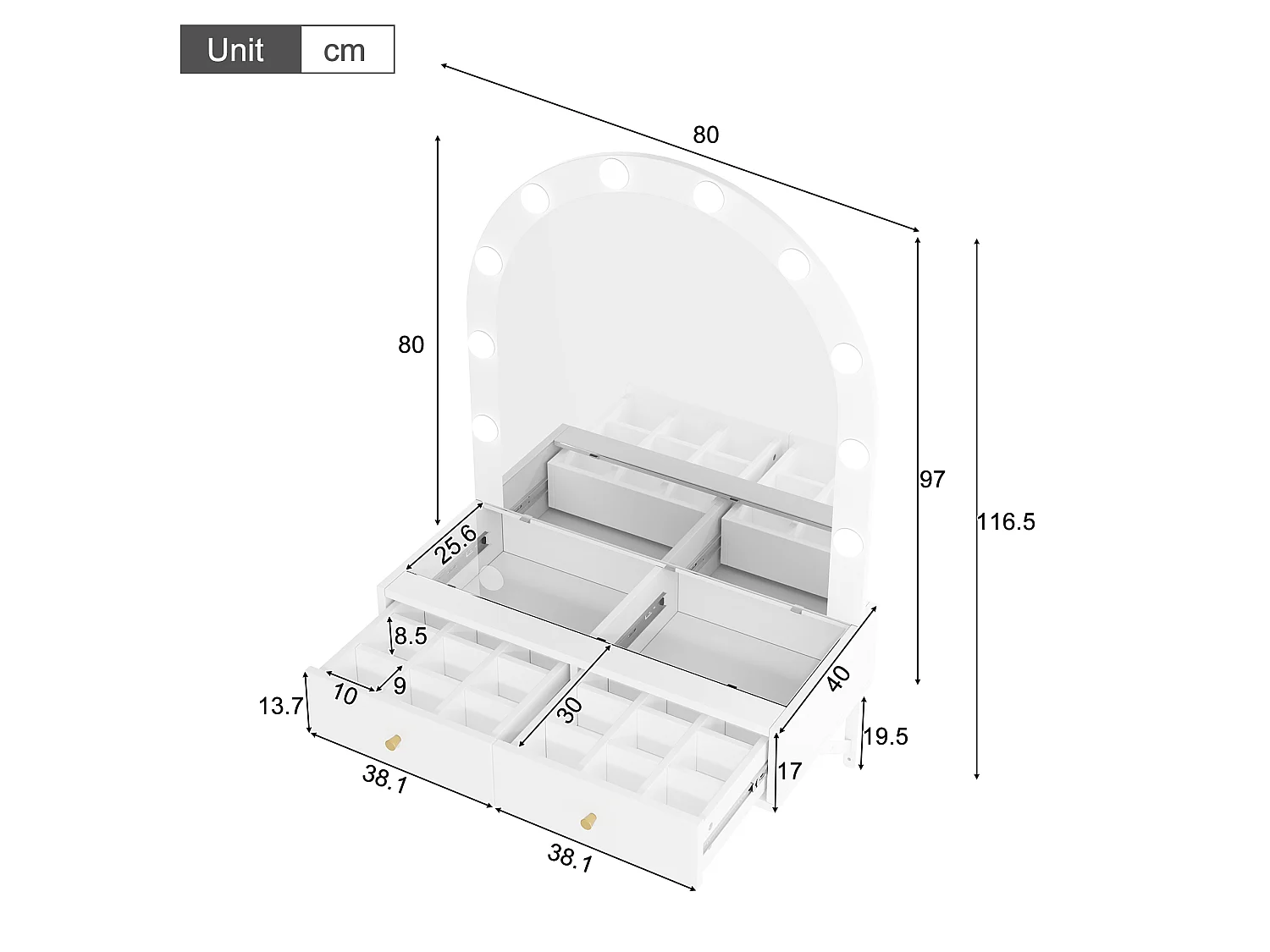 Toaletka wisząca z lustrem 80x40x116,5cm - z LED - blat szklany - z 2 szufladami i przegrodami - Biały
