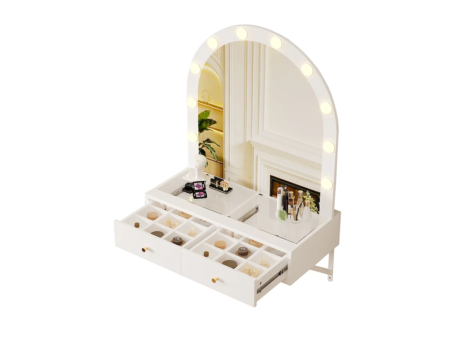 Toaletka wisząca z lustrem 80x40x116,5cm - z LED - blat szklany - z 2 szufladami i przegrodami - Biały