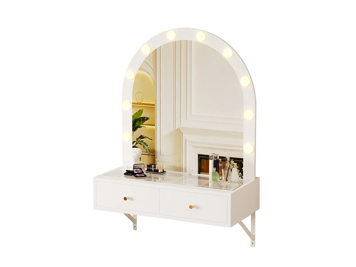 Toaletka wisząca z lustrem 80x40x116,5cm - z LED - blat szklany - z 2 szufladami i przegrodami - Biały