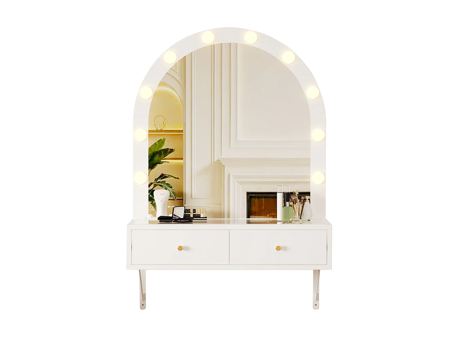 Toaletka wisząca z lustrem 80x40x116,5cm - z LED - blat szklany - z 2 szufladami i przegrodami - Biały