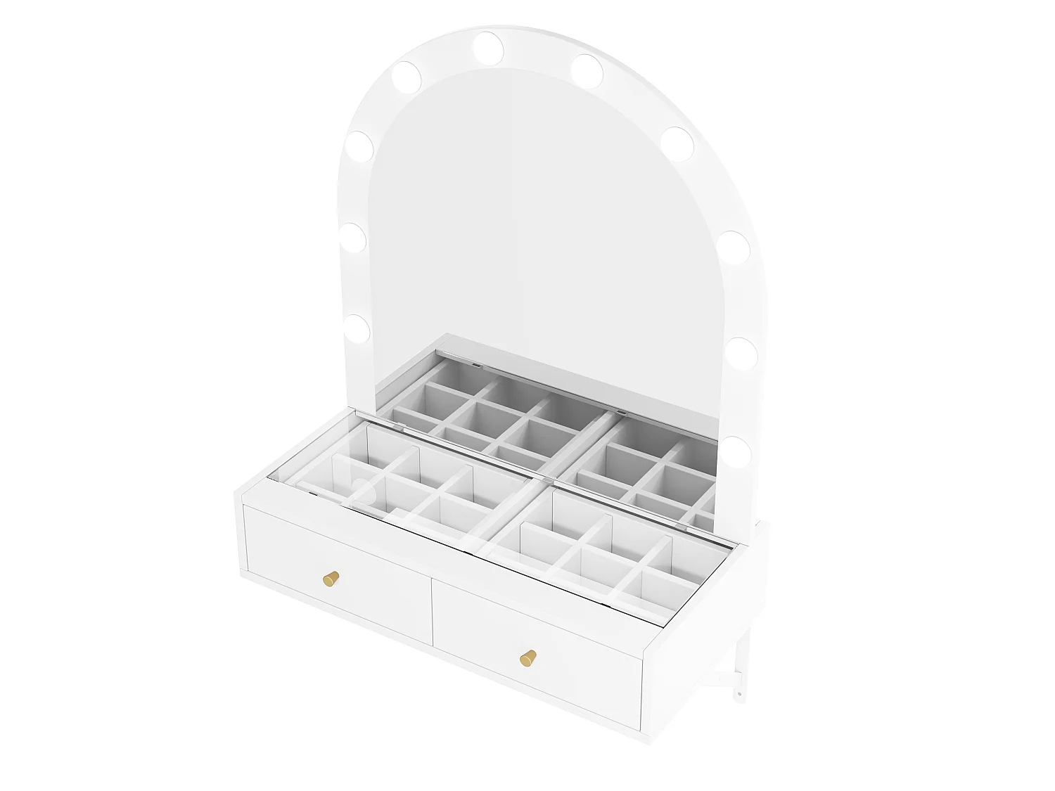 Toaletka wisząca z lustrem 80x40x116,5cm - z LED - blat szklany - z 2 szufladami i przegrodami - Biały