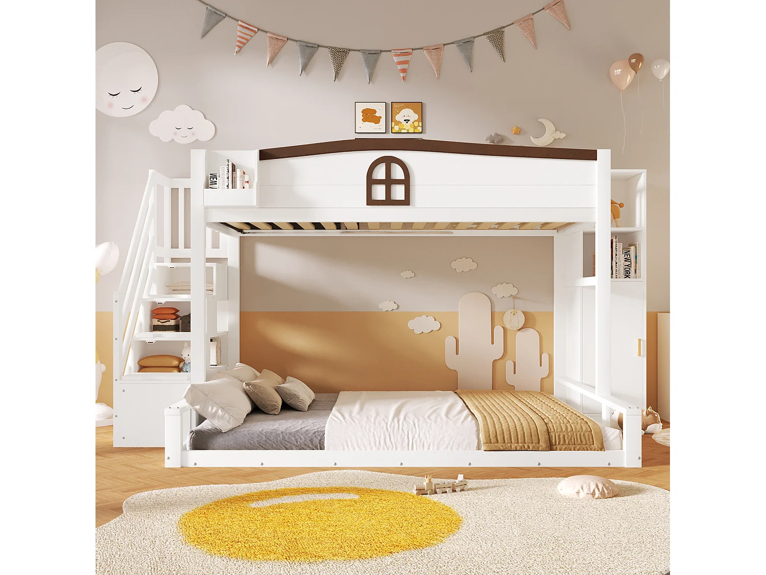 Lit superposé 90×200+140×200 cm - Avec escalier de rangement et armoire - Barrières de sécurité - Blanc (sans matelas)