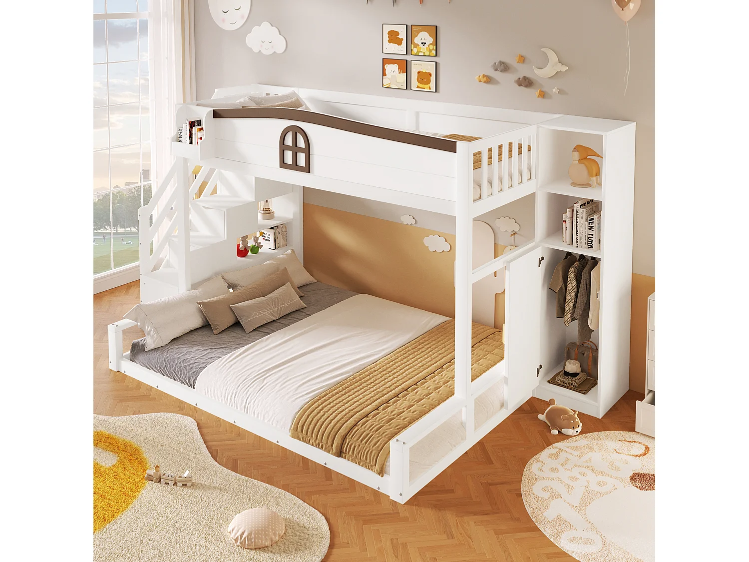Lit superposé 90×200+140×200 cm - Avec escalier de rangement et armoire - Barrières de sécurité - Blanc (sans matelas)