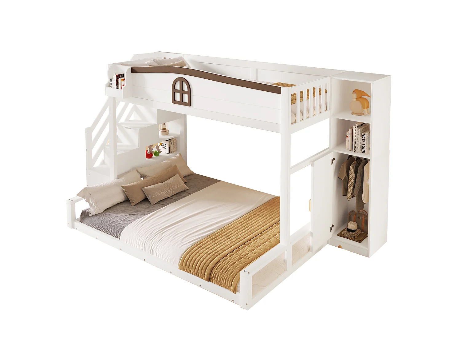 Lit superposé 90×200+140×200 cm - Avec escalier de rangement et armoire - Barrières de sécurité - Blanc (sans matelas)