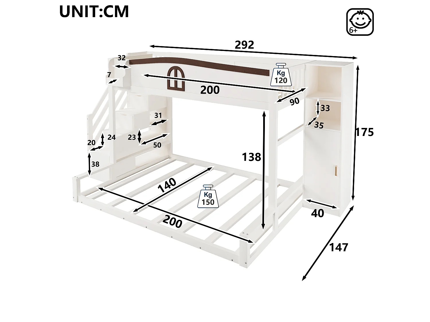 Lit superposé 90×200+140×200 cm - Avec escalier de rangement et armoire - Barrières de sécurité - Blanc (sans matelas)