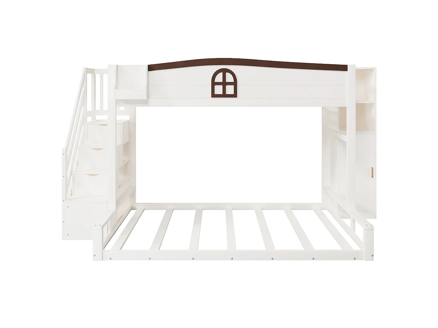Lit superposé 90×200+140×200 cm - Avec escalier de rangement et armoire - Barrières de sécurité - Blanc (sans matelas)