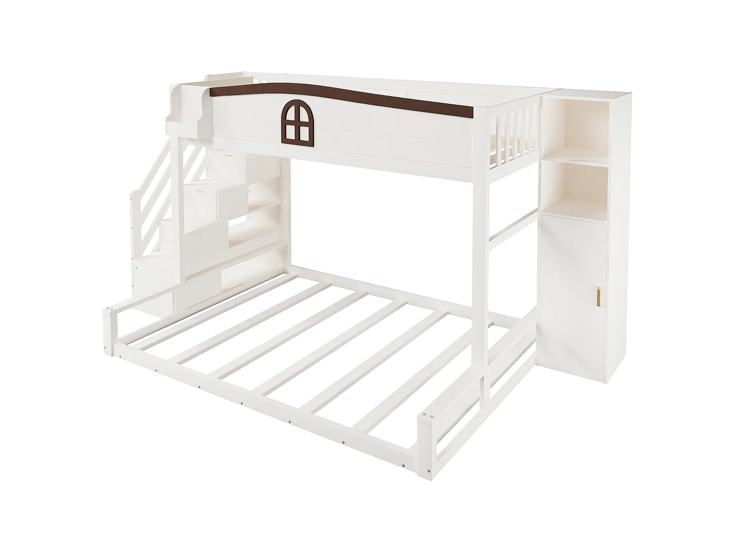 Lit superposé 90×200+140×200 cm - Avec escalier de rangement et armoire - Barrières de sécurité - Blanc (sans matelas)