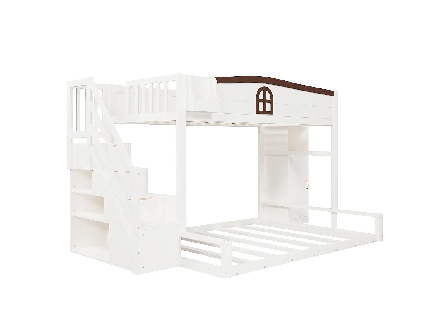 Lit superposé 90×200+140×200 cm - Avec escalier de rangement et armoire - Barrières de sécurité - Blanc (sans matelas)