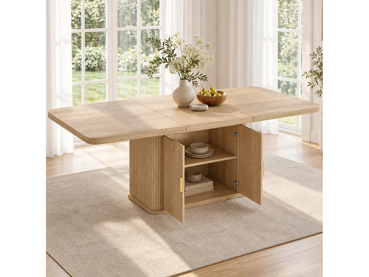 Table à manger extensible 150/200x90 cm - 6 à 8 personnes - 2 portes et plateau épais - Effet chêne - Naturel