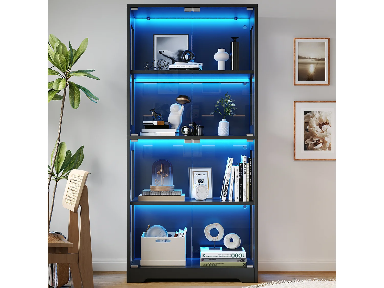 Vitrine en verre 80x35x160 cm - Éclairage LED à double commande - Avec 4 portes push-to-open - MDF - Noir