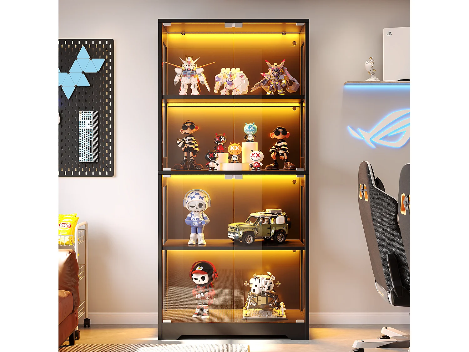 Vitrine en verre 80x35x160 cm - Éclairage LED à double commande - Avec 4 portes push-to-open - MDF - Noir