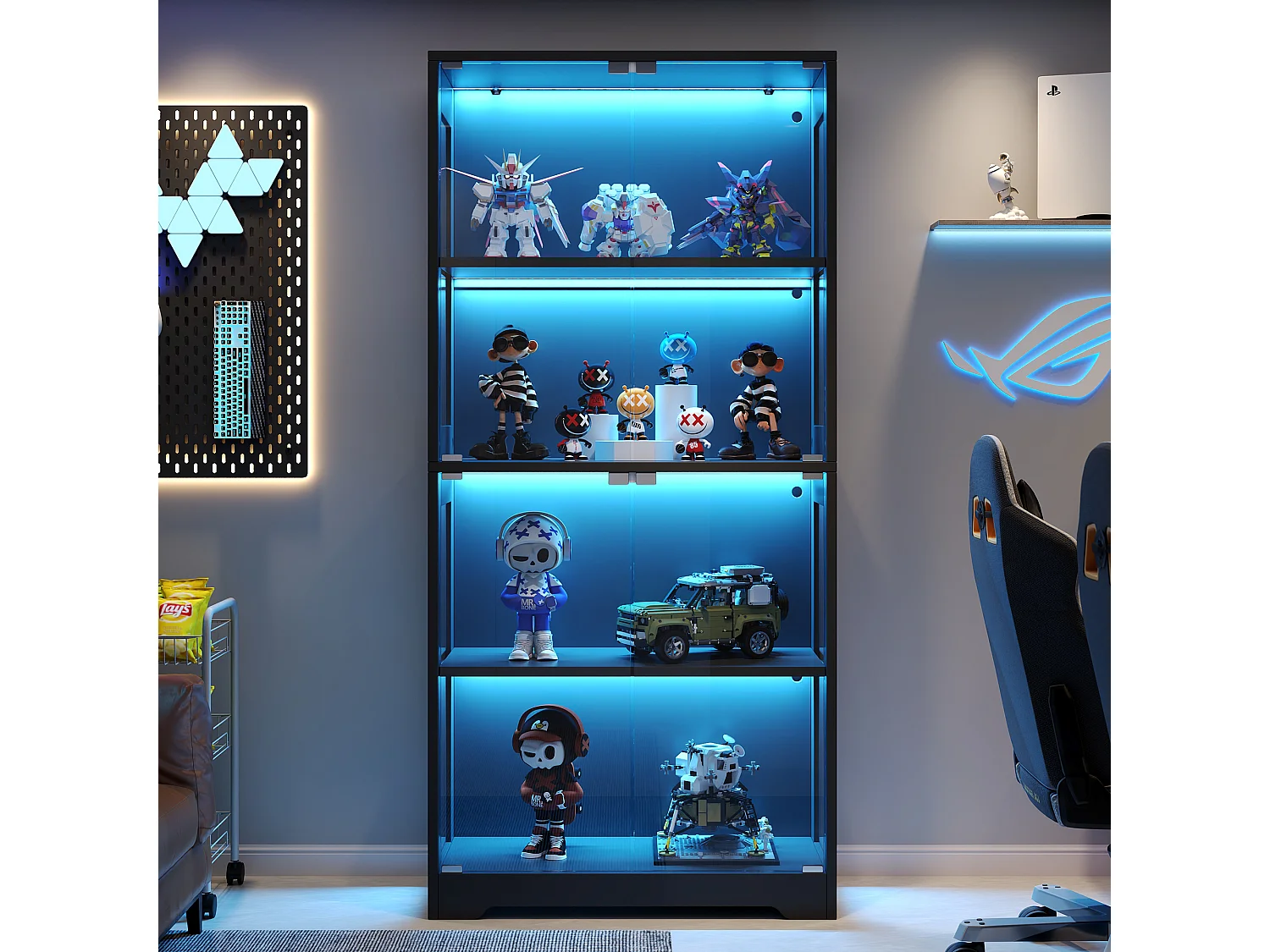 Vitrine en verre 80x35x160 cm - Éclairage LED à double commande - Avec 4 portes push-to-open - MDF - Noir