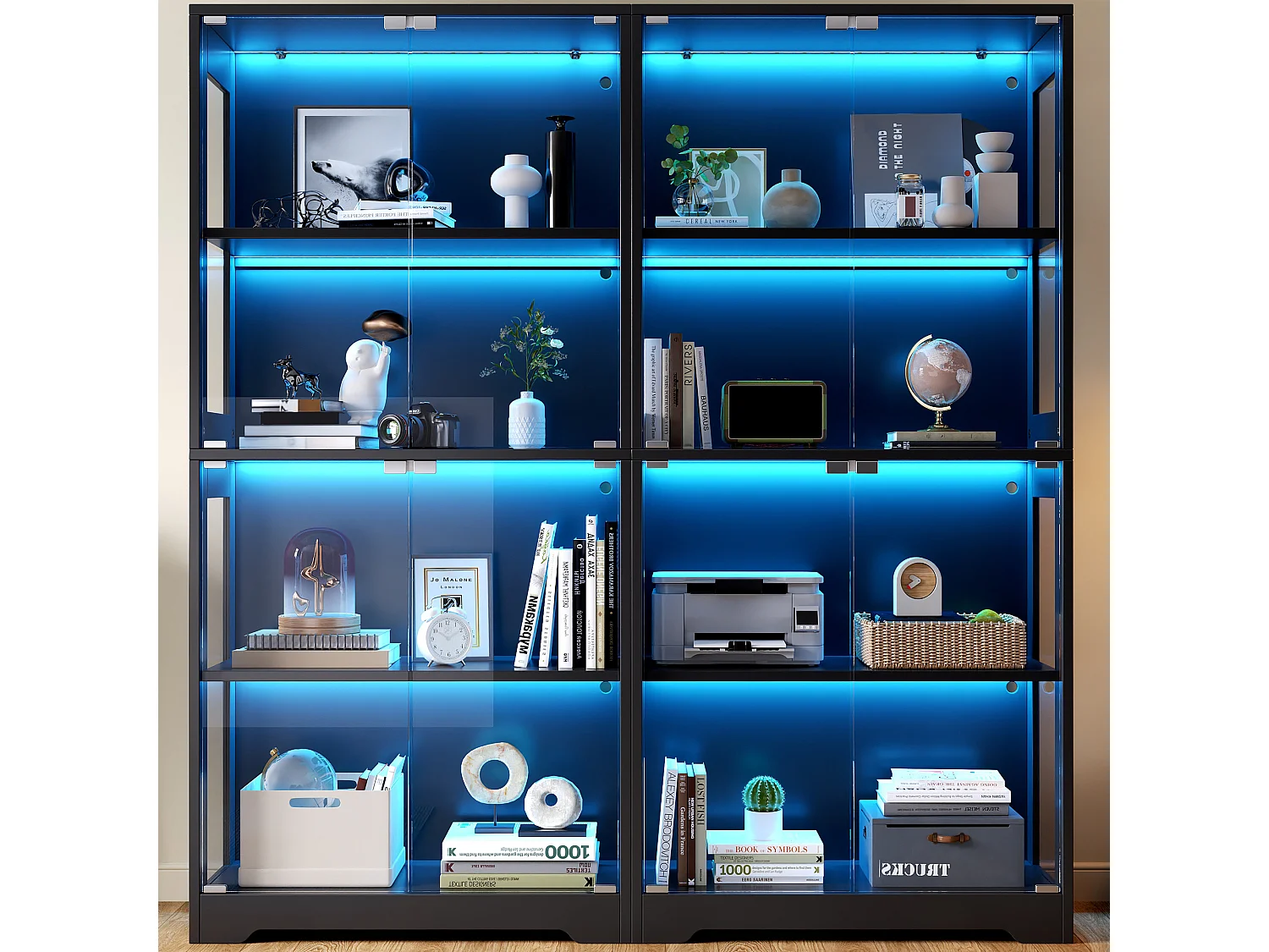 Vitrine en verre 80x35x160 cm - Éclairage LED à double commande - Avec 4 portes push-to-open - MDF - Noir