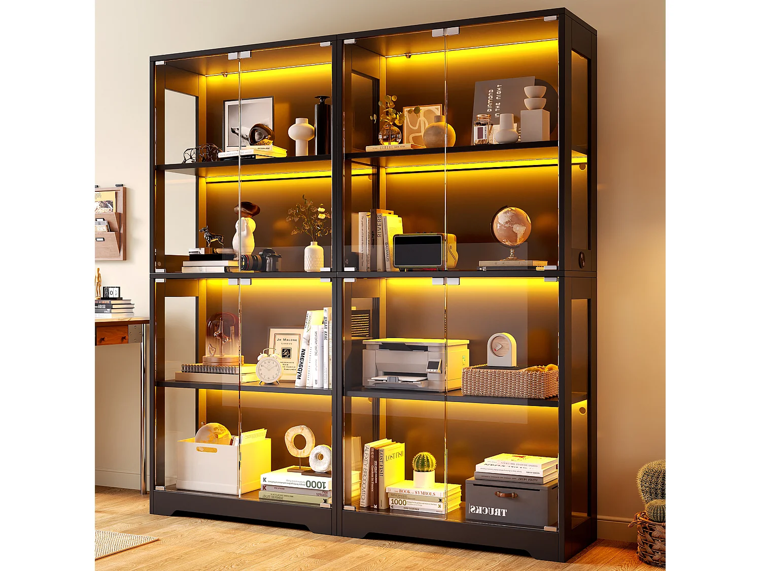 Vitrine en verre 80x35x160 cm - Éclairage LED à double commande - Avec 4 portes push-to-open - MDF - Noir