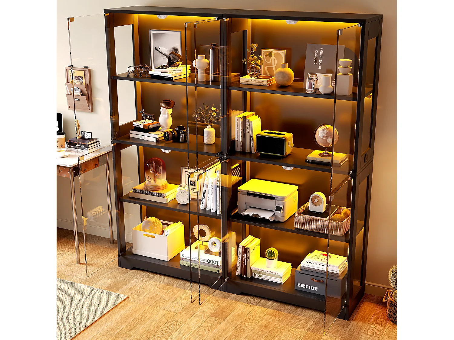 Vitrine en verre 80x35x160 cm - Éclairage LED à double commande - Avec 4 portes push-to-open - MDF - Noir