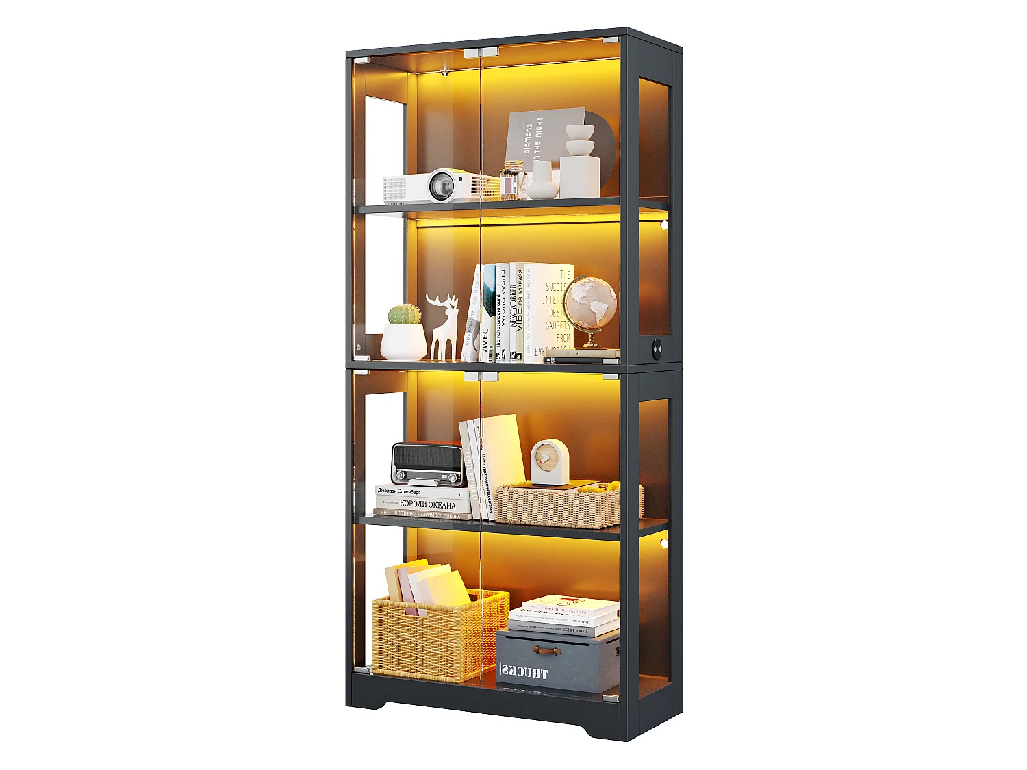 Vitrine en verre 80x35x160 cm - Éclairage LED à double commande - Avec 4 portes push-to-open - MDF - Noir