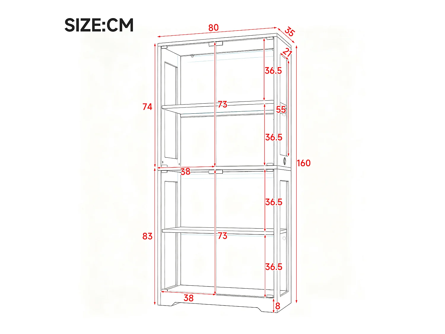 Vitrine en verre 80x35x160 cm - Éclairage LED à double commande - Avec 4 portes push-to-open - MDF - Noir