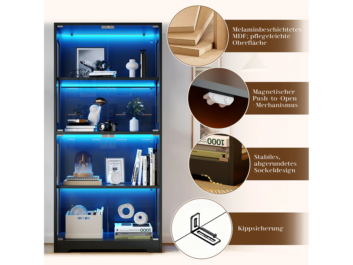 Vitrine en verre 80x35x160 cm - Éclairage LED à double commande - Avec 4 portes push-to-open - MDF - Noir