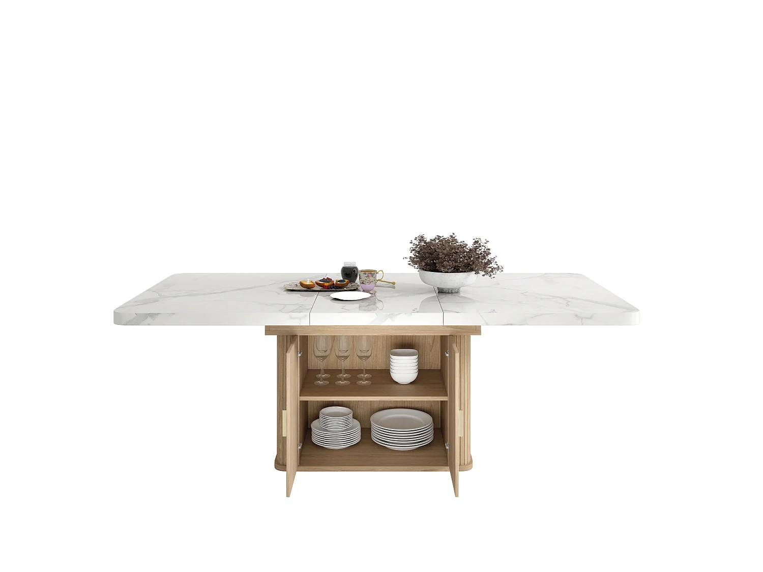 Stół jadalny rozkładany 150/200x90 cm - 6 do 8 osób - 2 drzwi i gruby blat - Efekt marmuru i dębu - Biały+naturalny