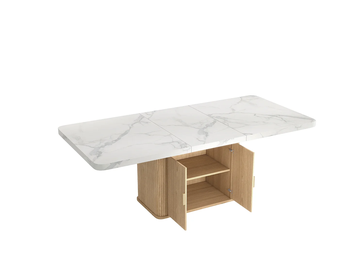 Stół jadalny rozkładany 150/200x90 cm - 6 do 8 osób - 2 drzwi i gruby blat - Efekt marmuru i dębu - Biały+naturalny