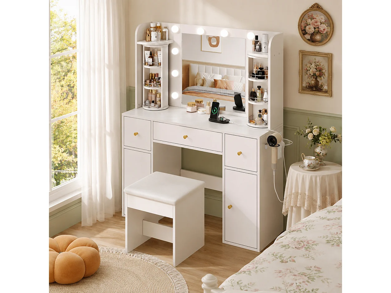 Coiffeuse avec Miroir LED Dimmable 115x142cm en Blanc - Table de Maquillage avec USB-C, Organisateur de Bijoux Rotatif & 3 Tiroirs, Style Scandinave - Blanc