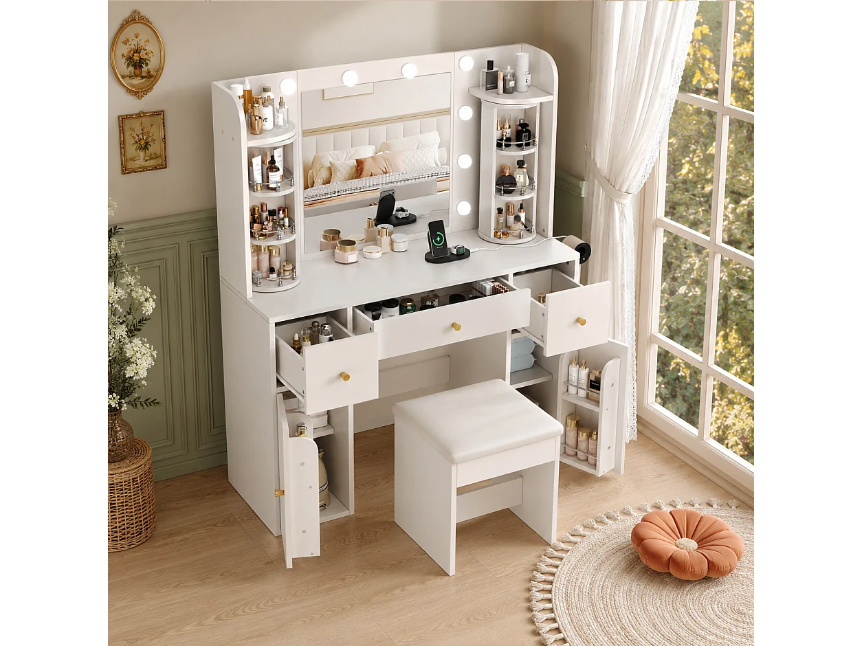 Coiffeuse avec Miroir LED Dimmable 115x142cm en Blanc - Table de Maquillage avec USB-C, Organisateur de Bijoux Rotatif & 3 Tiroirs, Style Scandinave - Blanc