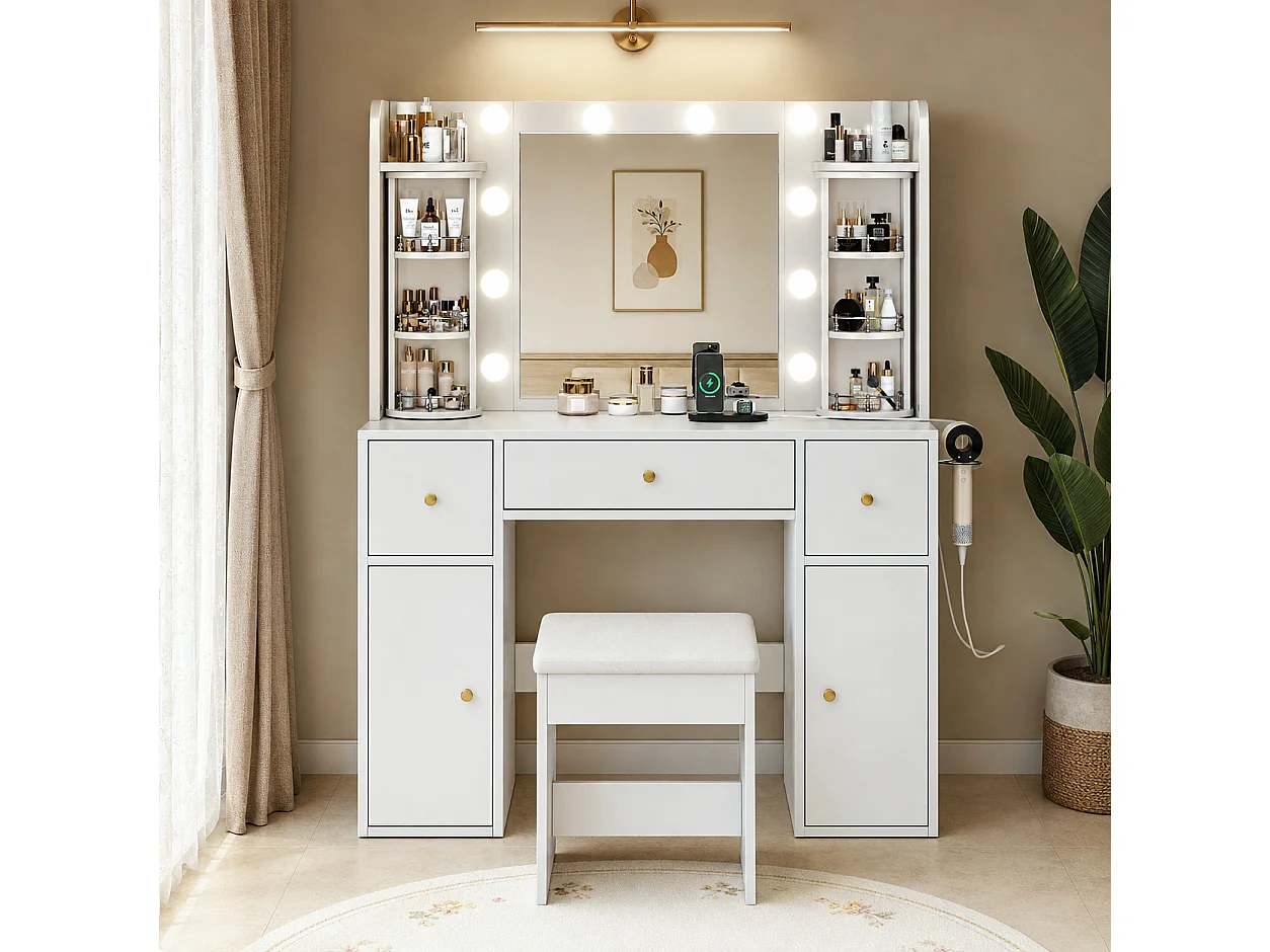 Coiffeuse avec Miroir LED Dimmable 115x142cm en Blanc - Table de Maquillage avec USB-C, Organisateur de Bijoux Rotatif & 3 Tiroirs, Style Scandinave - Blanc