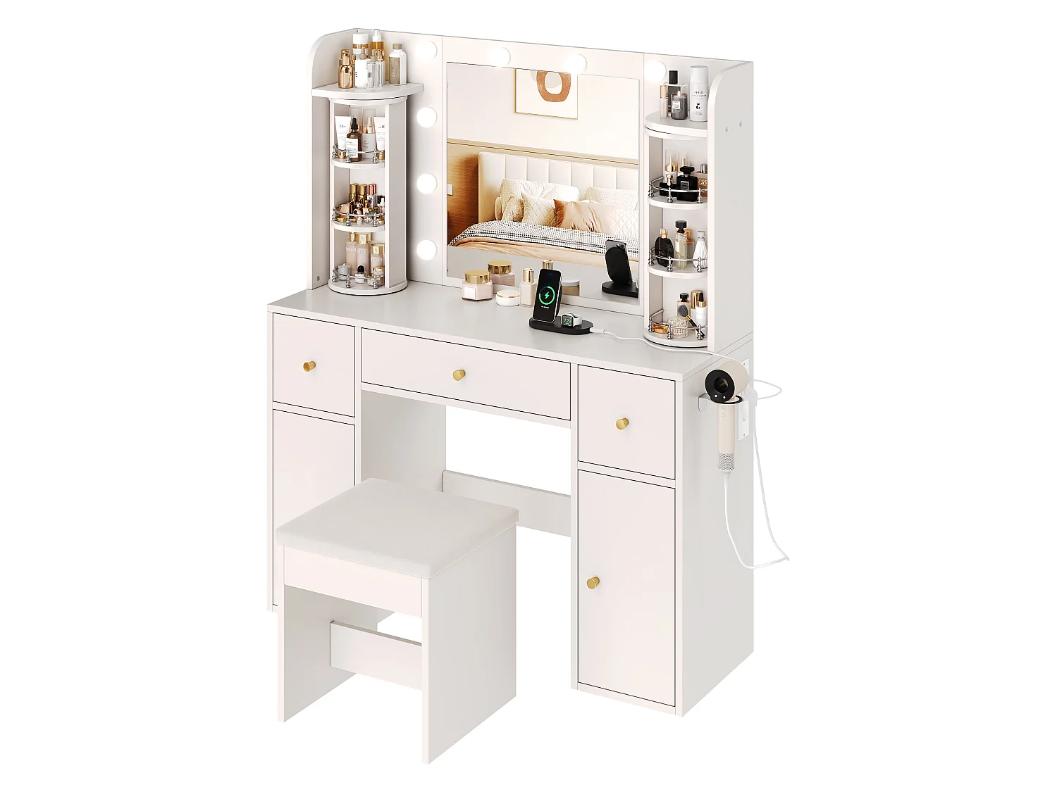 Coiffeuse avec Miroir LED Dimmable 115x142cm en Blanc - Table de Maquillage avec USB-C, Organisateur de Bijoux Rotatif & 3 Tiroirs, Style Scandinave - Blanc