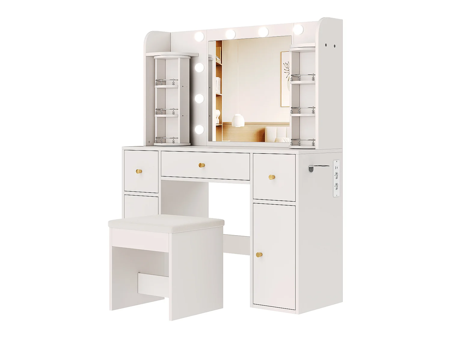 Coiffeuse avec Miroir LED Dimmable 115x142cm en Blanc - Table de Maquillage avec USB-C, Organisateur de Bijoux Rotatif & 3 Tiroirs, Style Scandinave - Blanc
