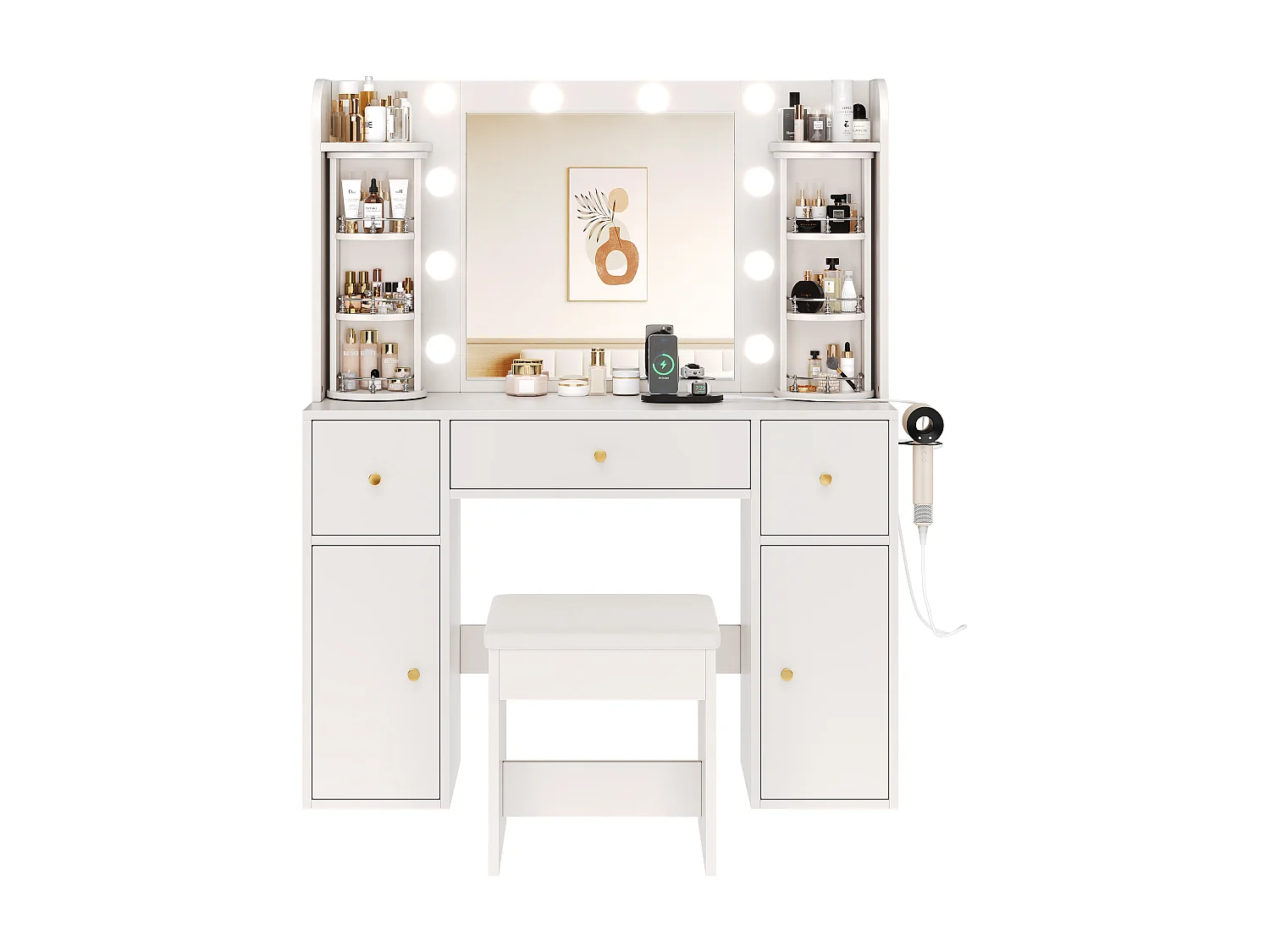 Coiffeuse avec Miroir LED Dimmable 115x142cm en Blanc - Table de Maquillage avec USB-C, Organisateur de Bijoux Rotatif & 3 Tiroirs, Style Scandinave - Blanc