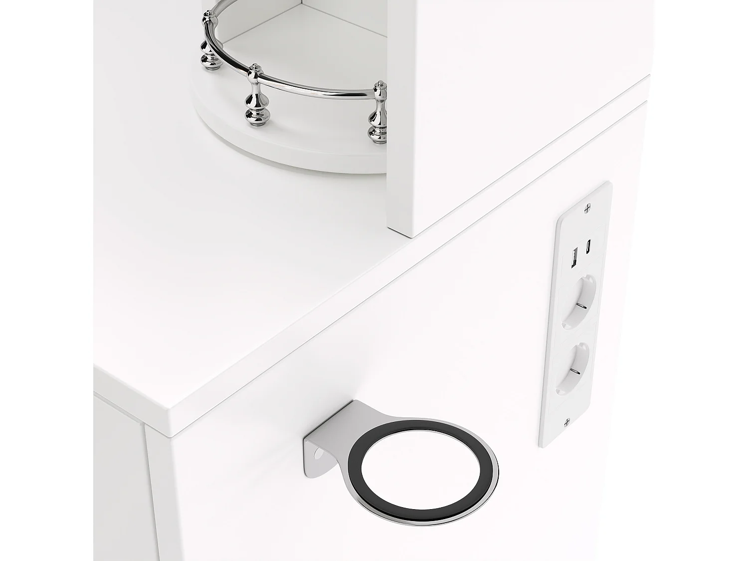 Coiffeuse avec Miroir LED Dimmable 115x142cm en Blanc - Table de Maquillage avec USB-C, Organisateur de Bijoux Rotatif & 3 Tiroirs, Style Scandinave - Blanc
