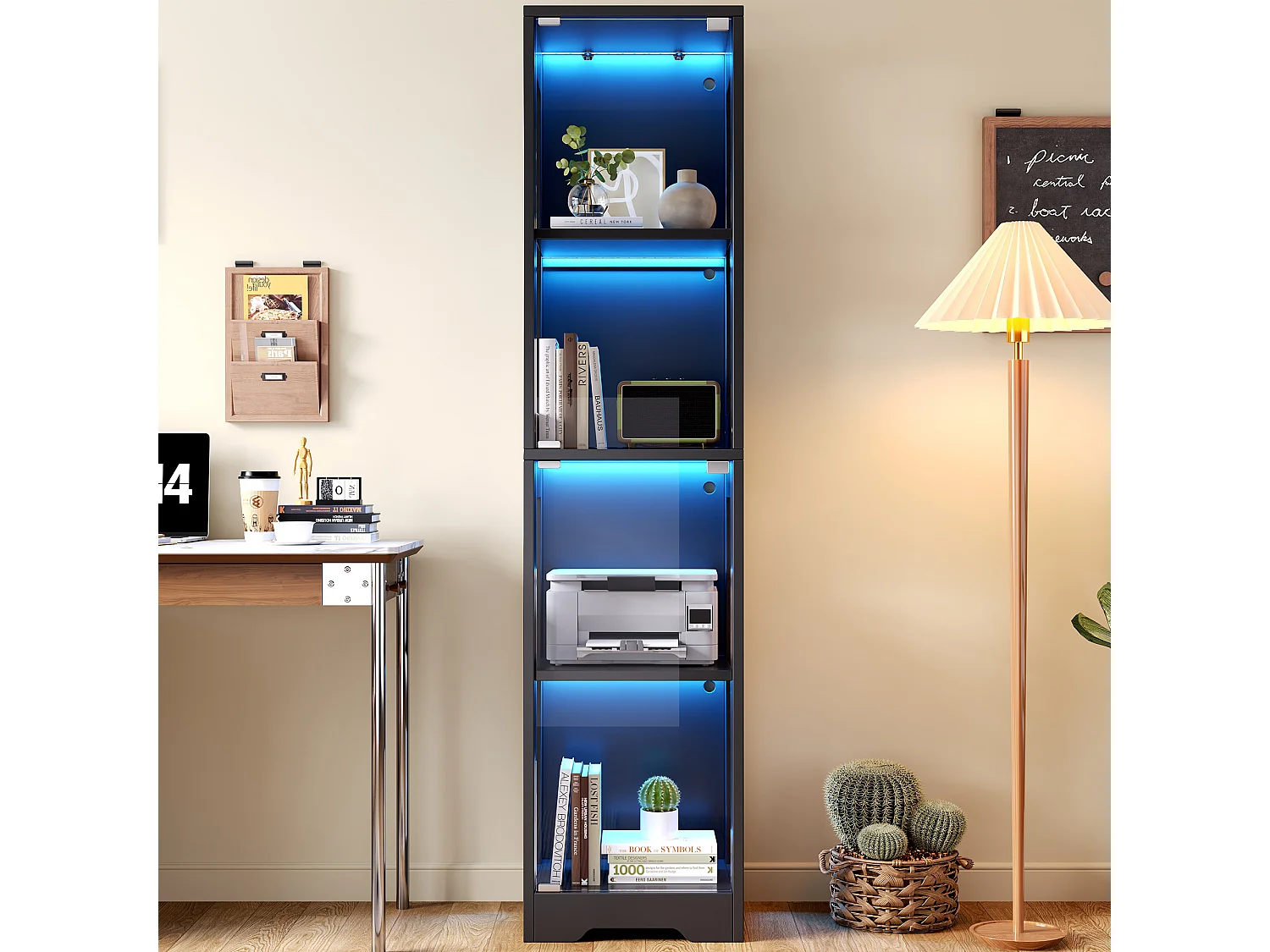 Vitrine en verre 40x35x160 cm - Éclairage LED à double commande - 4 niveaux d'exposition -Dispositif anti-basculement - ​​Noir