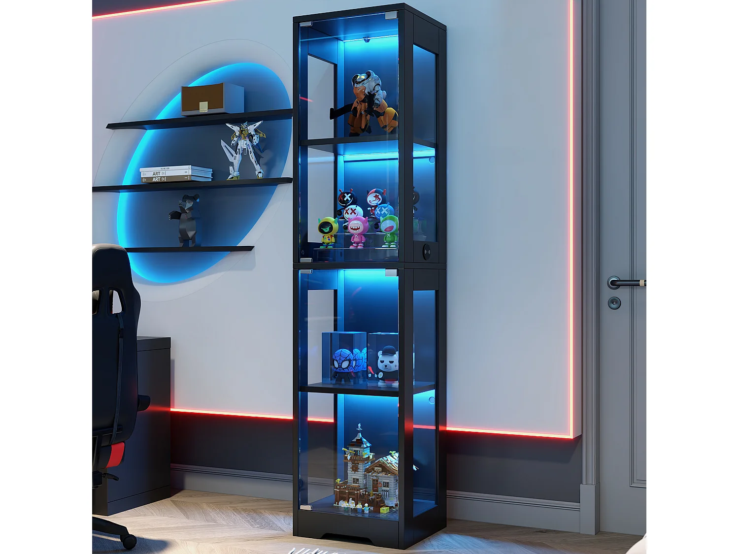 Vitrine en verre 40x35x160 cm - Éclairage LED à double commande - 4 niveaux d'exposition -Dispositif anti-basculement - ​​Noir