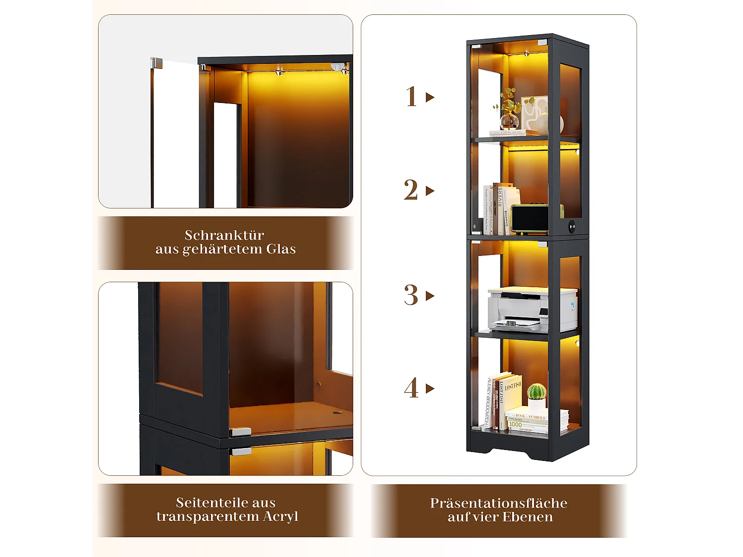 Vitrine en verre 40x35x160 cm - Éclairage LED à double commande - 4 niveaux d'exposition -Dispositif anti-basculement - ​​Noir