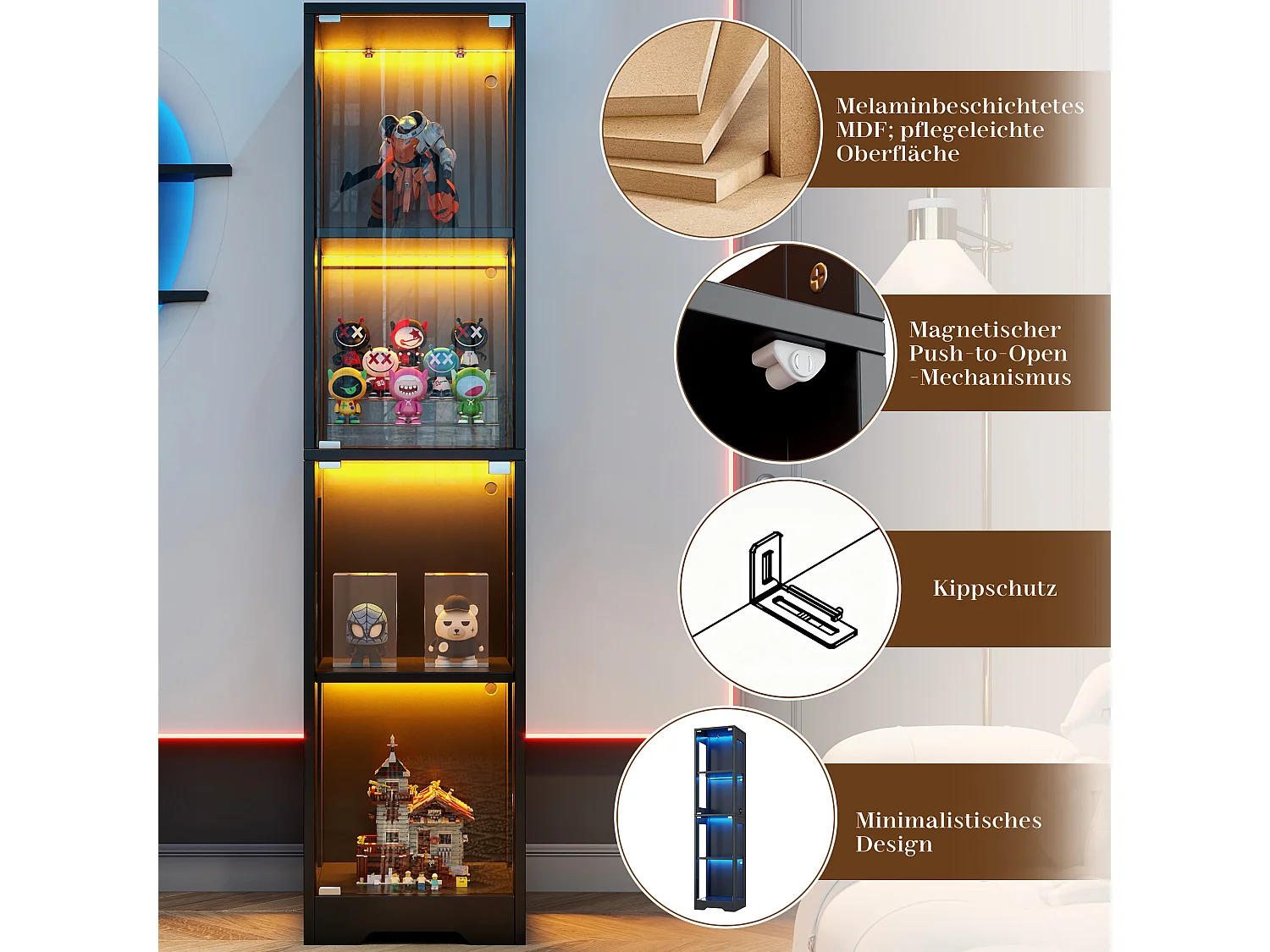 Vitrine en verre 40x35x160 cm - Éclairage LED à double commande - 4 niveaux d'exposition -Dispositif anti-basculement - ​​Noir