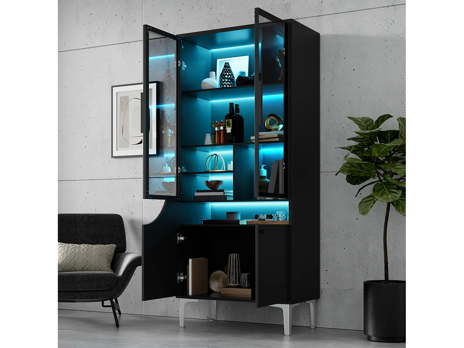 Vitrine 70x35x160cm - avec 2 portes vitrées et 2 portes en bois - avec éclairage LED - Noir