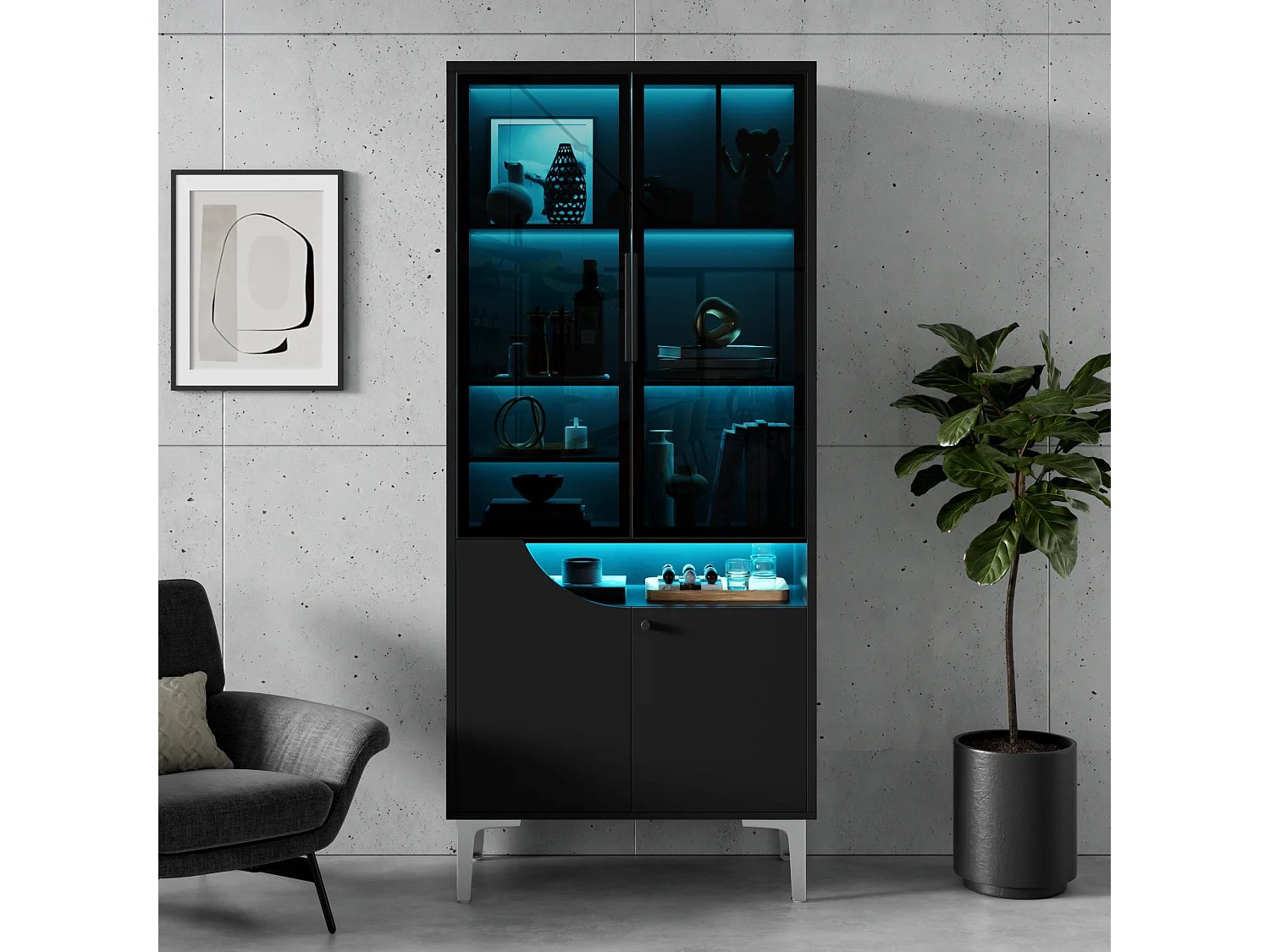 Vitrine 70x35x160cm - avec 2 portes vitrées et 2 portes en bois - avec éclairage LED - Noir