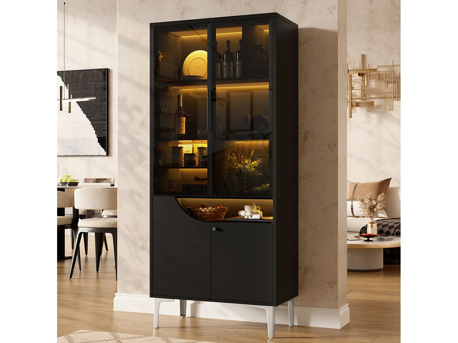Vitrine 70x35x160cm - avec 2 portes vitrées et 2 portes en bois - avec éclairage LED - Noir