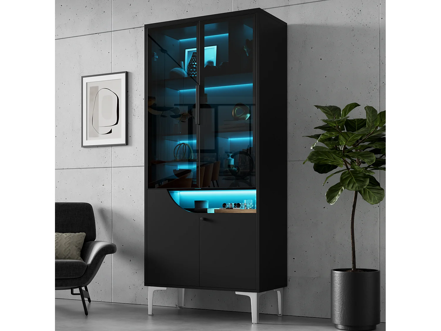 Vitrine 70x35x160cm - avec 2 portes vitrées et 2 portes en bois - avec éclairage LED - Noir
