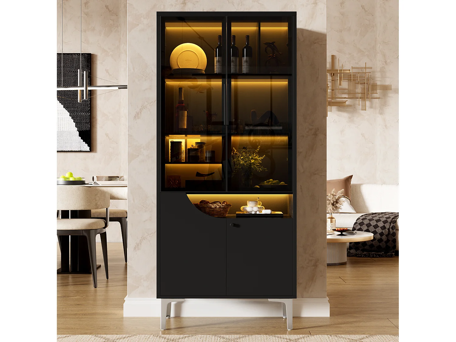 Vitrine 70x35x160cm - avec 2 portes vitrées et 2 portes en bois - avec éclairage LED - Noir
