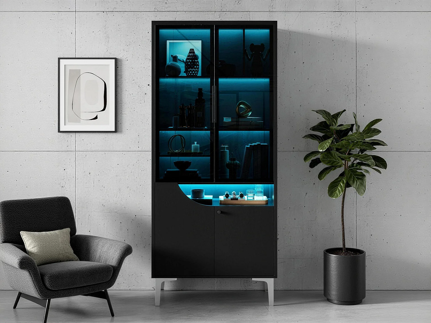 Vitrine 70x35x160cm - avec 2 portes vitrées et 2 portes en bois - avec éclairage LED - Noir