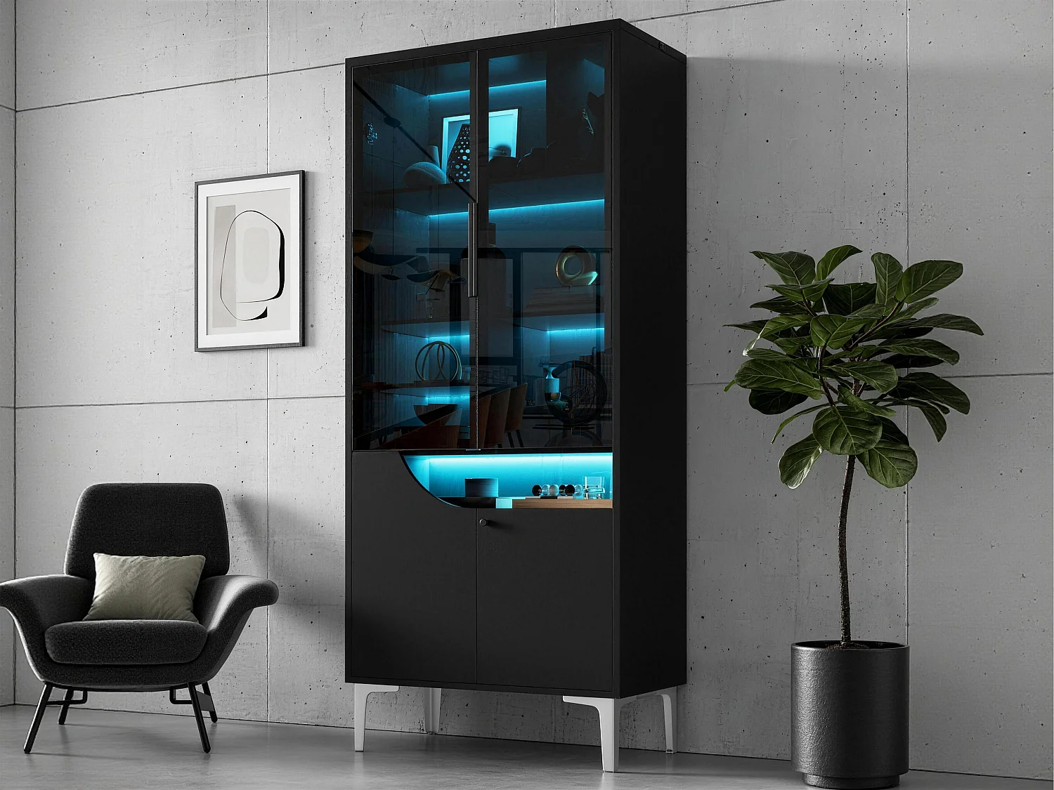 Vitrine 70x35x160cm - avec 2 portes vitrées et 2 portes en bois - avec éclairage LED - Noir
