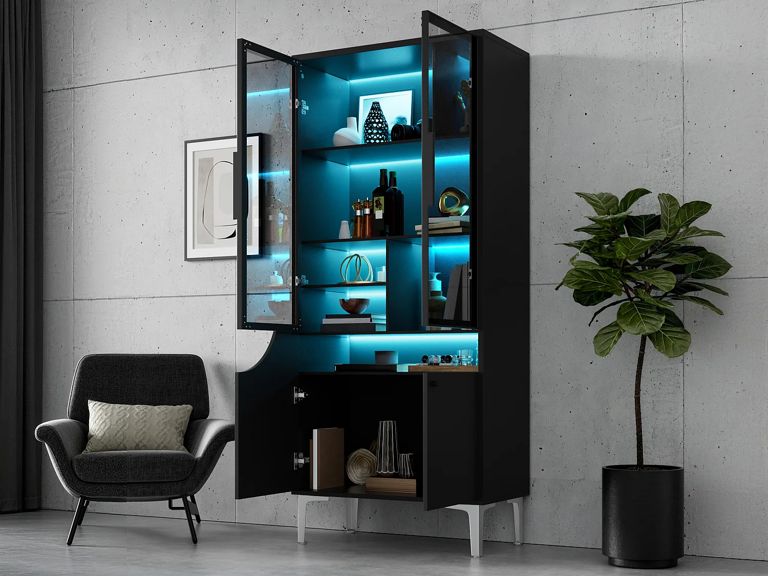 Vitrine 70x35x160cm - avec 2 portes vitrées et 2 portes en bois - avec éclairage LED - Noir